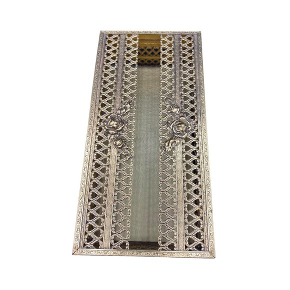 Vintage Gold Filigree Rose Tissue Box Cover Silver MCM Hollywood Regency - Picture 5 of 14